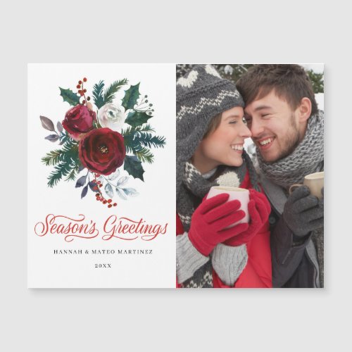 PHOTO Red Floral Christmas Holiday Magnetic Card