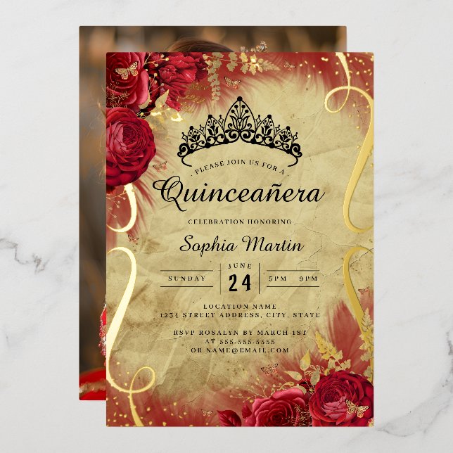 Photo Red Floral Scroll Quinceanera  Foil Invitation (Front/Back)