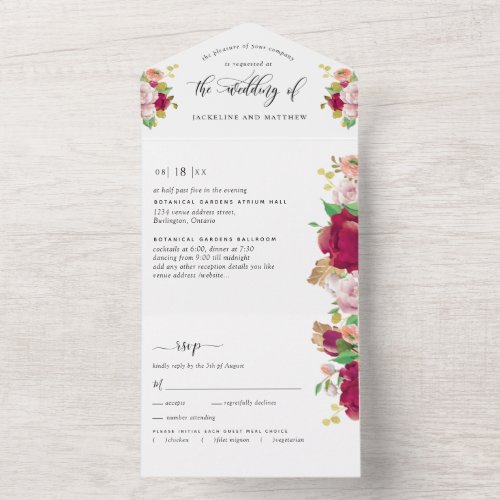 Photo Red Floral Wedding with Perforated RSVP All In One Invitation