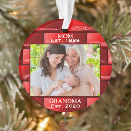 Photo Red Glitter New Grandma Est Year Christmas Ornament