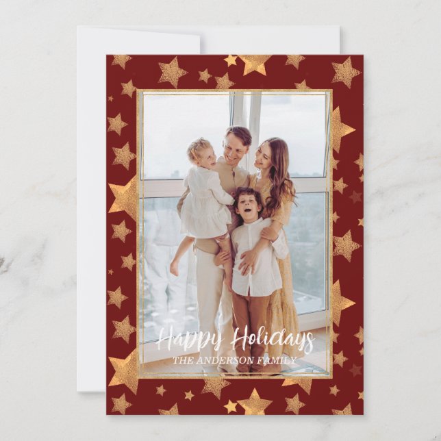 Photo Red Gold Chic Vintage Christmas Holiday Card (Front)