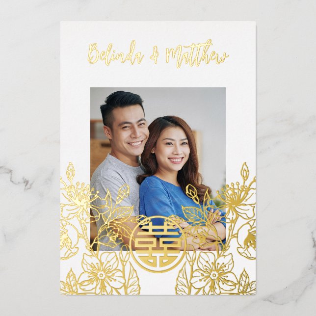 Photo Red Gold Chinese Wedding Foil Invitation (Front)