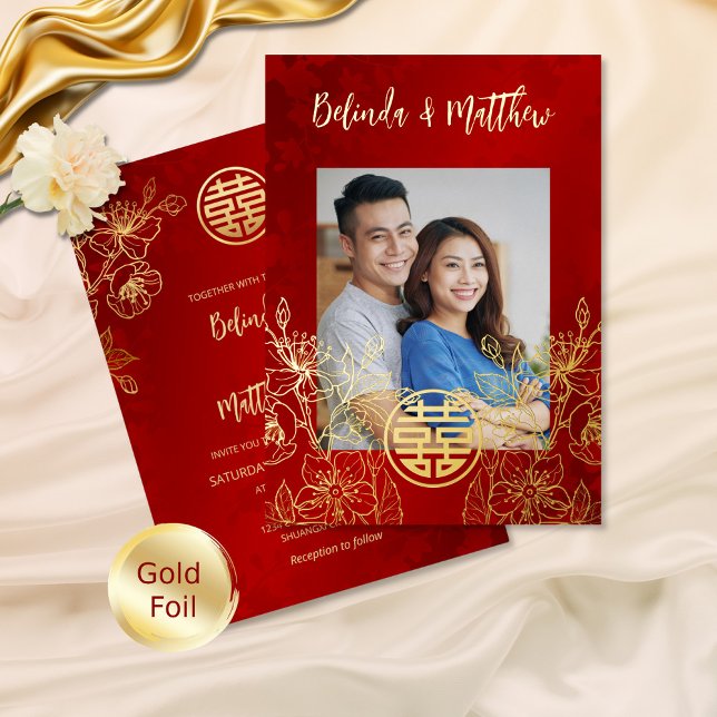 Photo Red Gold Chinese Wedding Foil Invitation (Creator Uploaded)