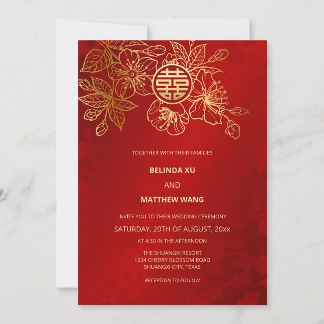 Photo Red Gold Chinese Wedding Invitation (Front)