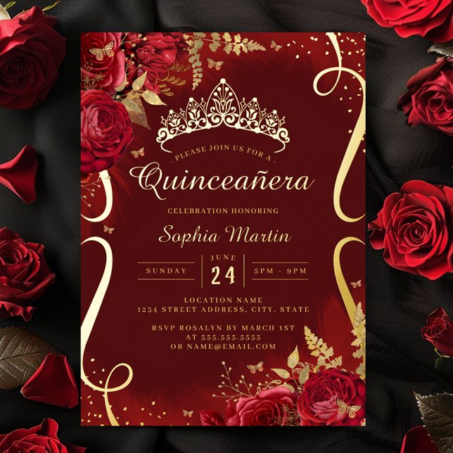 Photo Red Gold Floral Scroll Quinceanera  Foil Invitation (Creator Uploaded)