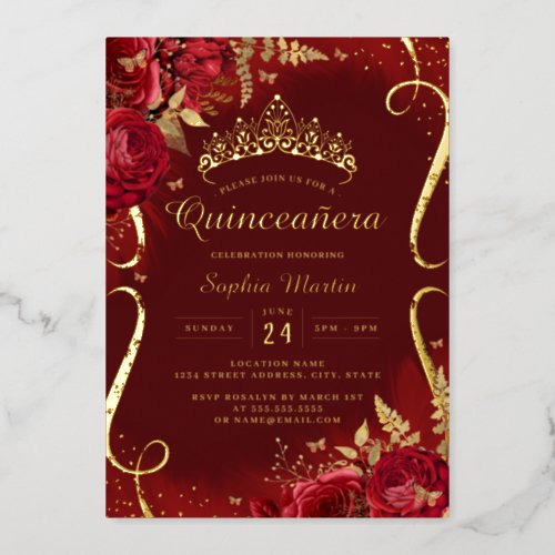 Photo Red Gold Floral Scroll Quinceanera  Foil Invitation