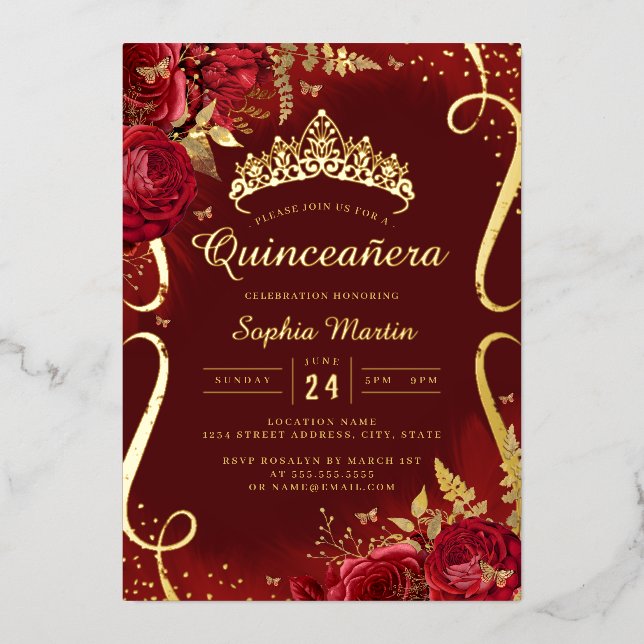 Photo Red Gold Floral Scroll Quinceanera  Foil Invitation (Front)