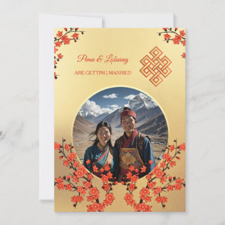 Photo Red Gold Floral Tibetan Wedding Invitation