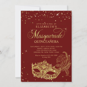 Photo Red Gold Glitter Masquerade Quinceañera Invitation