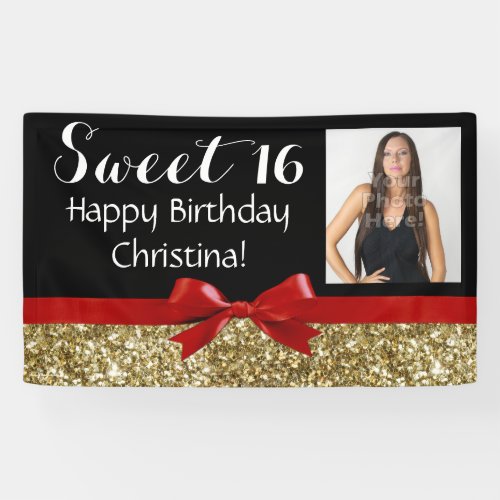 Photo Red Gold Glitter Sweet 16 Birthday Party Banner