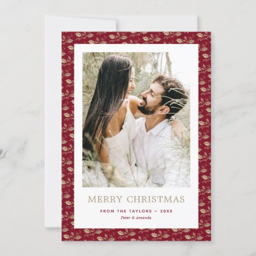 Photo Red Gold Holly Elegant Merry Christmas Holiday Card