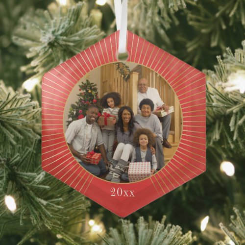 Photo Red Gold Line Family Christmas Glass Ornament