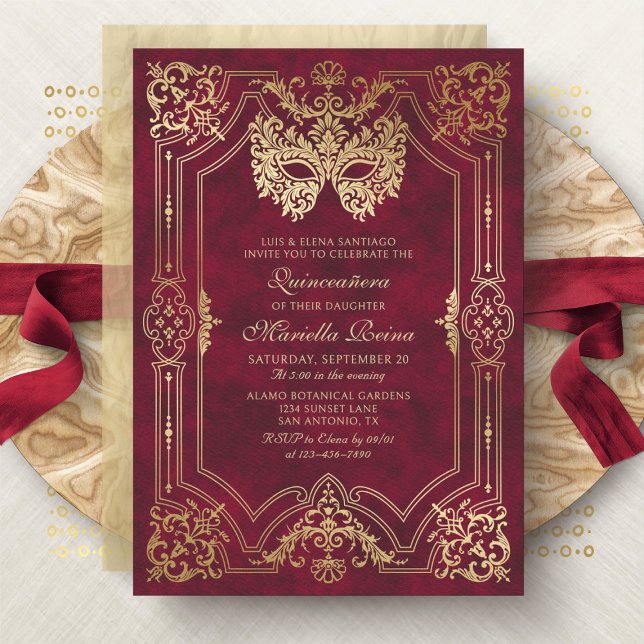 Photo Red Gold Masquerade Quinceanera Invitation (Creator Uploaded)