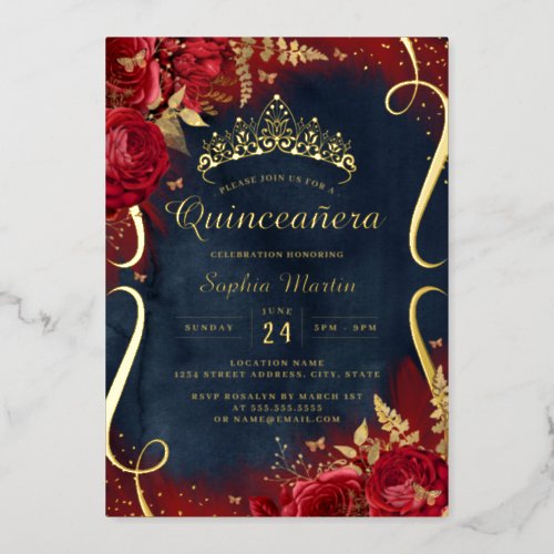 Photo Red Gold Navy Floral Scroll Quinceanera  Foil Invitation