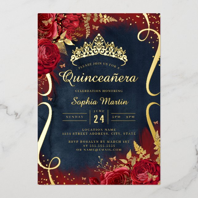Photo Red Gold Navy Floral Scroll Quinceanera  Foil Invitation (Front)