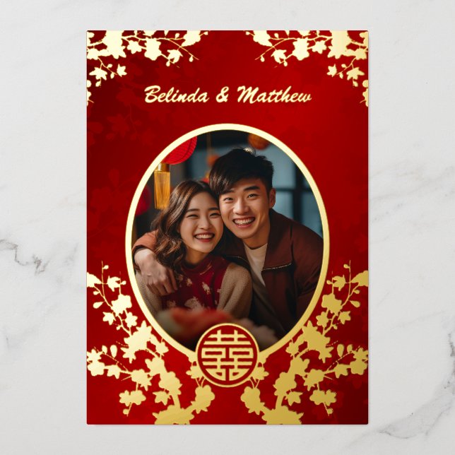 Photo Red Gold Oriental Flower | Chinese Wedding Foil Invitation (Front)