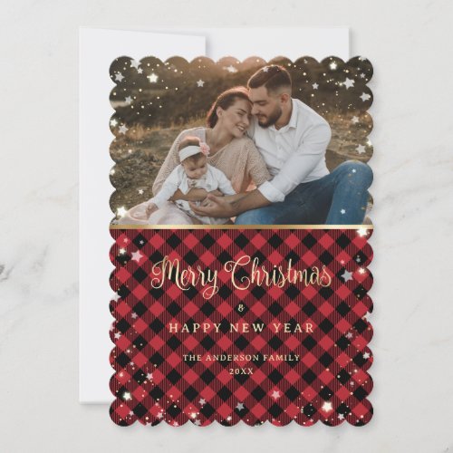 Photo Red Gold Plaid Merry Christmas and New Year Holiday Card