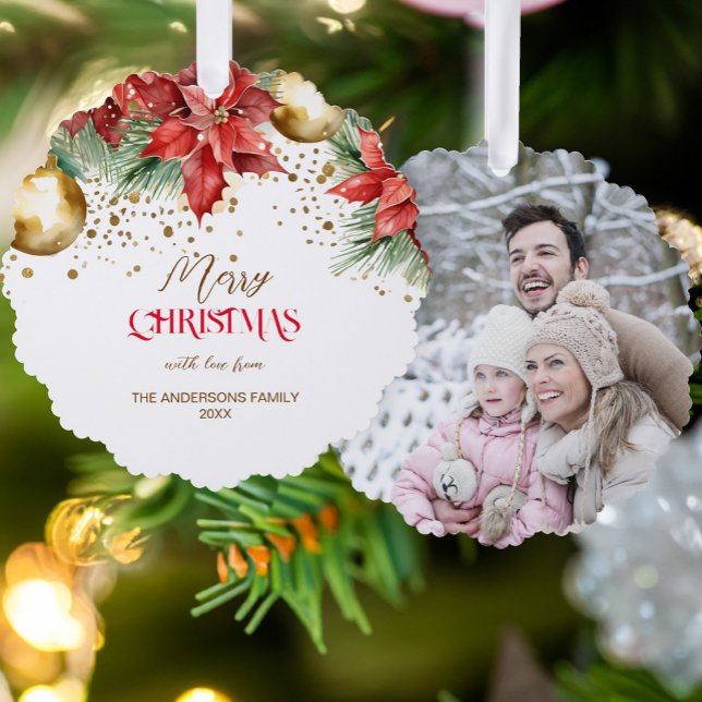 Photo red gold poinsettia Christmas unique Ornament Card (Photo red gold poinsettia Christmas unique Ornament Card elegant Christmas greeting cards)