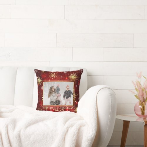 Photo Red Gold Snowflake Christmas Holiday Throw Pillow