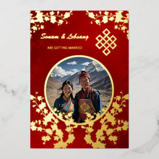 Photo Red Gold Tibetan Wedding Foil Invitation