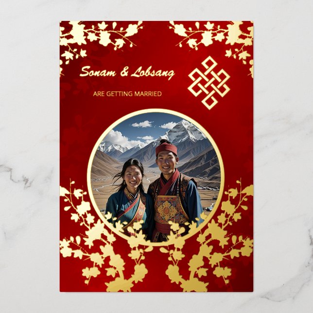Photo Red Gold Tibetan Wedding Foil Invitation (Front)