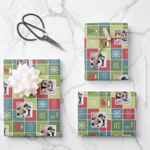 Photo Red Green Color Block Christmas Tree Snow Wrapping Paper Sheets