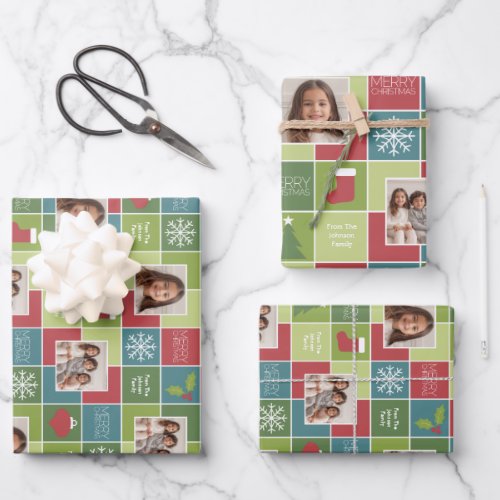 Photo Red Green Color Block Christmas Tree Stripes Wrapping Paper Sheets