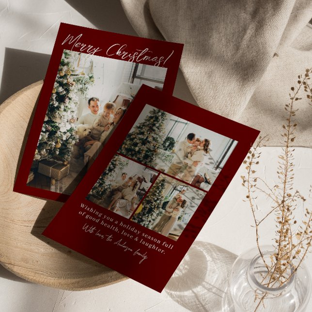 Photo Red Maroon Winter Modern Family Christmas Holiday Card (Creator Uploaded)