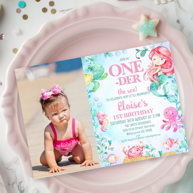 Photo Red Mermaid Oneder the Sea 1st Birthday  Invitation (Girls Oneder The Sea Birthday Invitation with Mermaid, Under The Sea Themed Birthday Invitation )