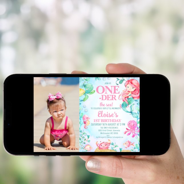 Photo Red Mermaid Oneder the Sea 1st Birthday  Invitation (Front Digital)