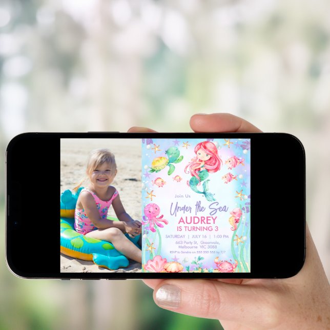 Photo Red Mermaid Under the Sea 1st Birthday  Invitation (Front Digital)