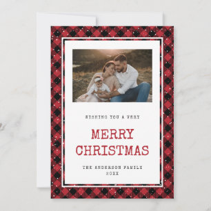 Photo Red Merry Christmas Snow Buffalo Plaid Card