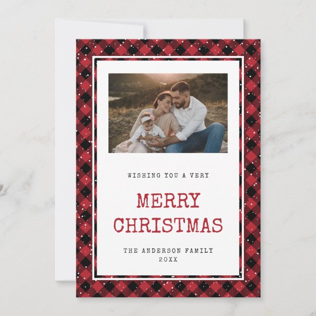 Photo Red Merry Christmas Snow Buffalo Plaid Card (Front)
