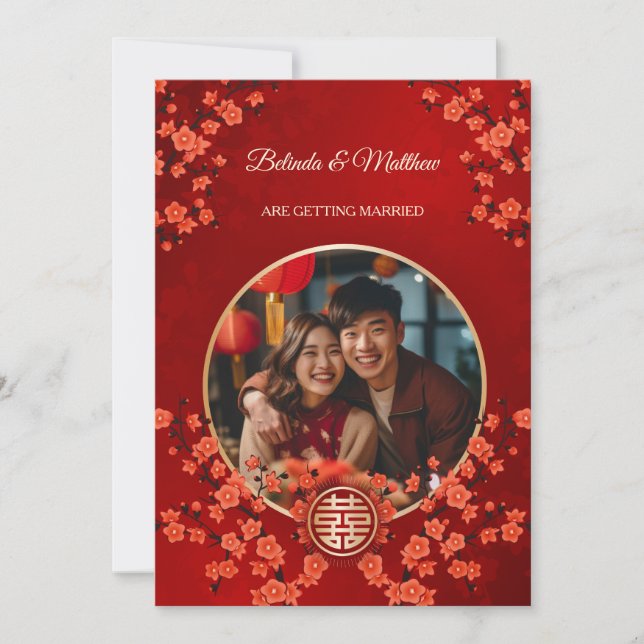Photo Red Oriental Blossom Chinese Wedding Invitation (Front)
