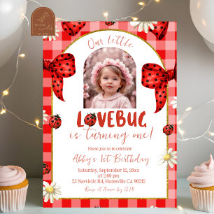 Photo Red Plaid Bow Coquette Lovebug Birthday Invitation