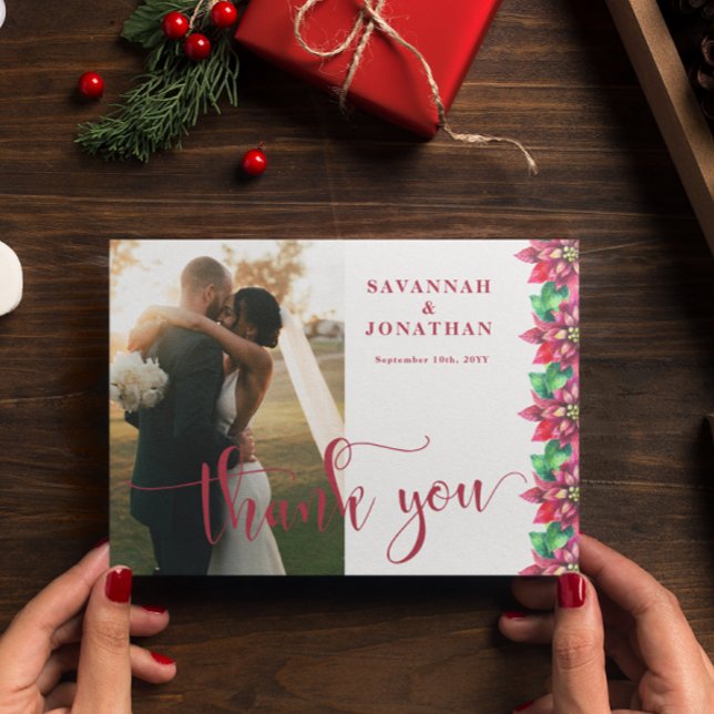 Photo Red Poinsettia Holiday Wedding  Thank You Card (Creator Uploaded)
