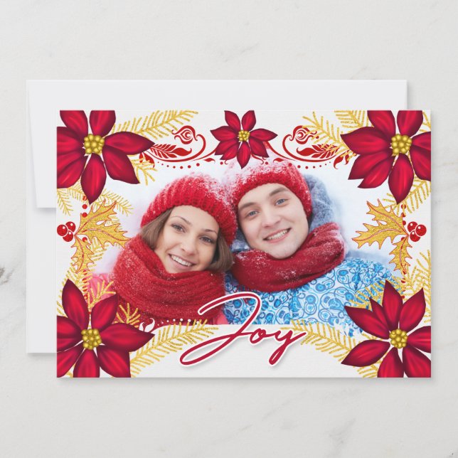 Photo Red Poinsettia Joy and Gold Pine Holiday Car (Front)