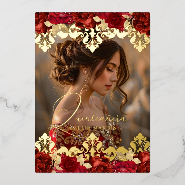 Photo Red Rose Gold Damask Floral Quinceanera Foil Invitation (Front)