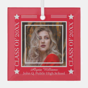 Photo Red Silver Class of 2024 Graduation Glass Ornament