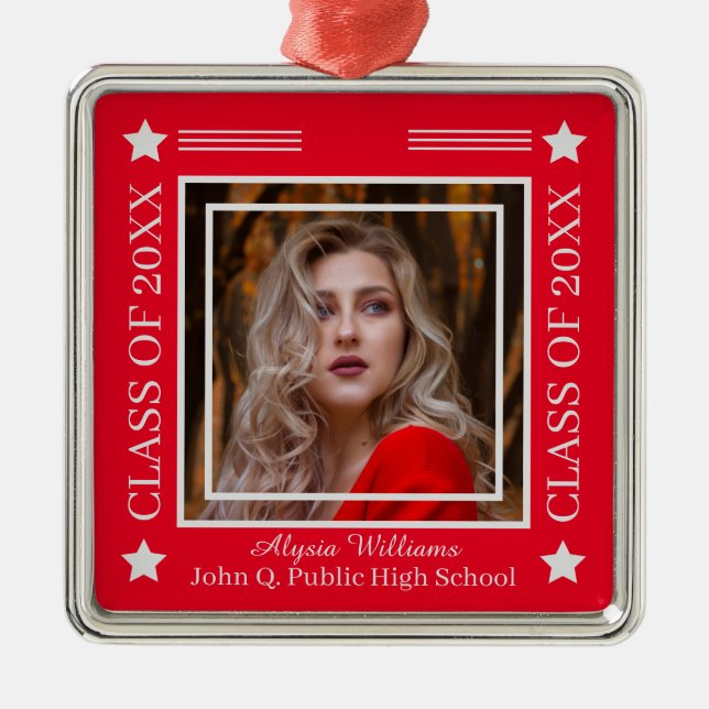 Photo Red | Silver Class Year Graduation Metal Ornament (Front)