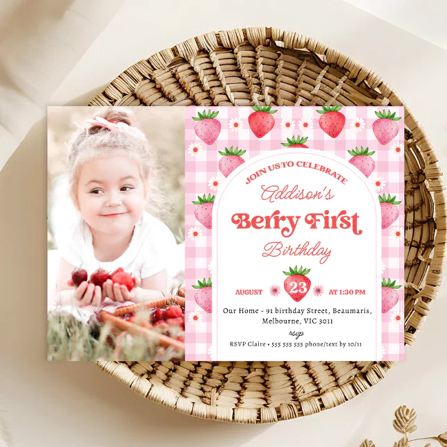 Photo Red Strawberry Berry Sweet 1st Birthday Invitation | Zazzle