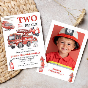 Photo Red Two The Rescue Fire Truck Birthday  Invitation