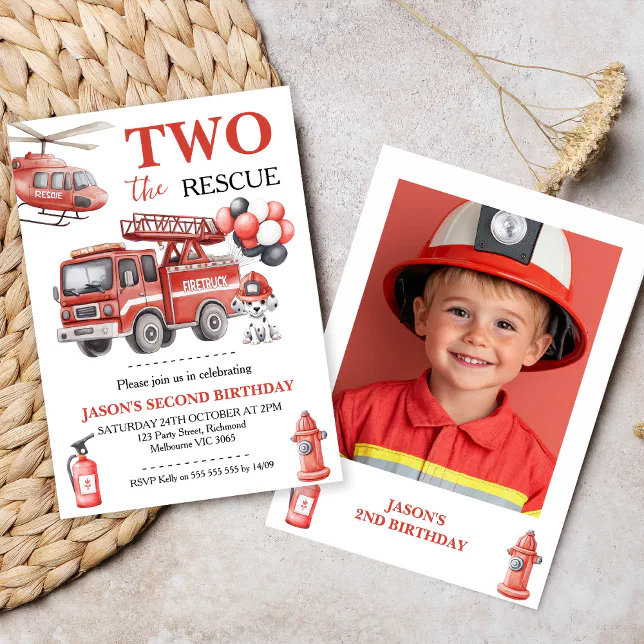 Fire Rescue Invitations Photo Red Two The Rescue Fire Truck Birthday Invitation | Zazzle