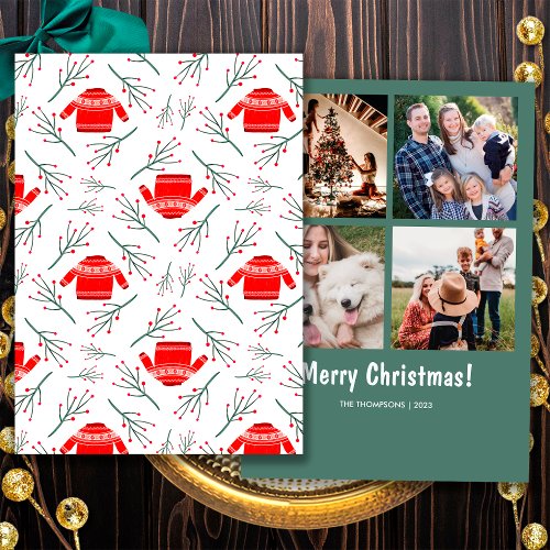 Photo Red Ugly Sweater Christmas Festive Pattern Holiday Card