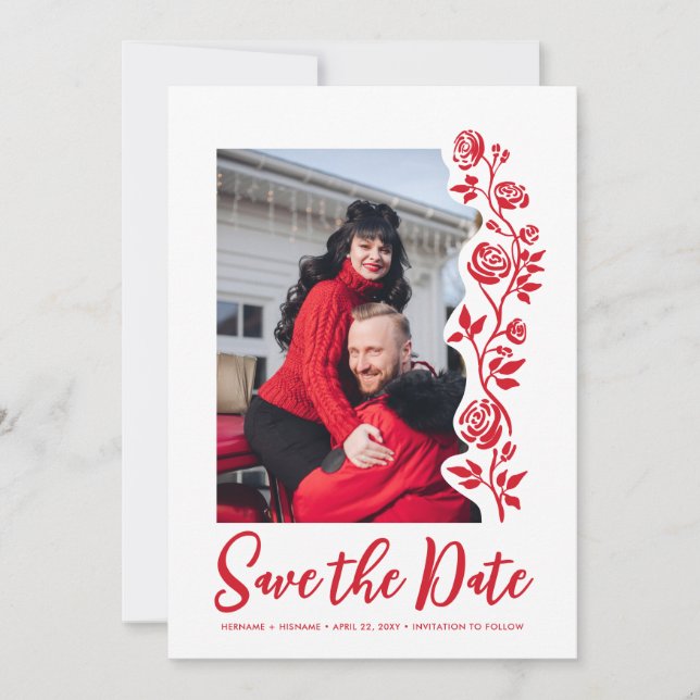 Photo Red White Hand Drawn Roses QR Code Website Save The Date (Front)