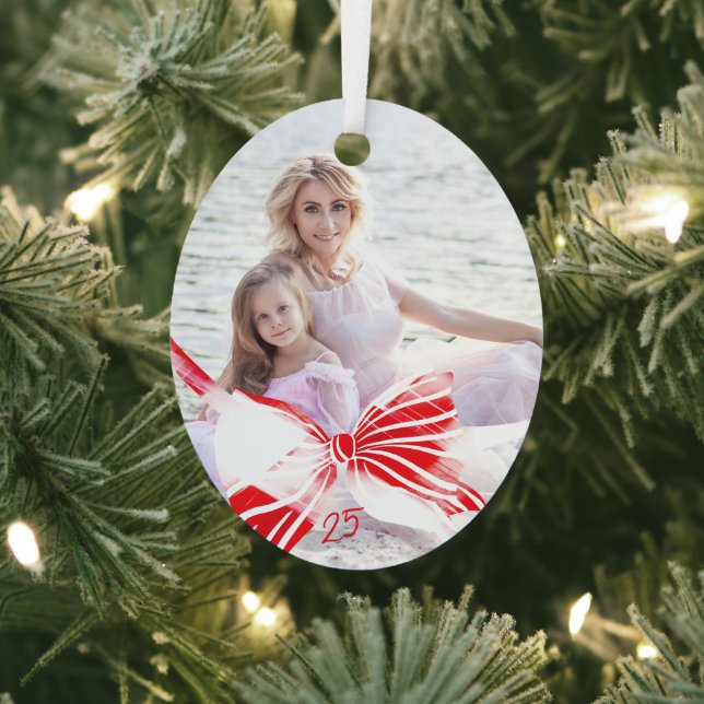 Photo Red White Plaid Bow Keepsake Date Christmas Metal Ornament (Insitu)
