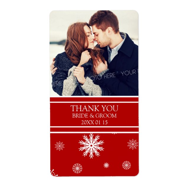 Photo Red White Snowflakes Winter Wedding Label (Front)