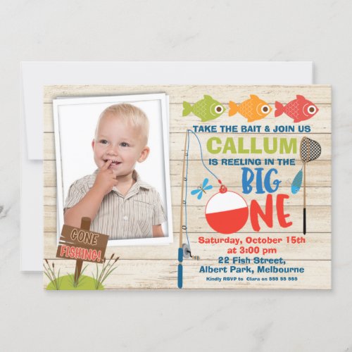 Photo Reeling in the big one first birthday Invitation