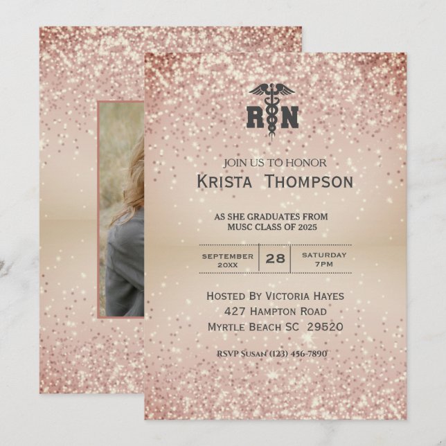  Photo Registered Nurse Graduation Gold Invitation (Front/Back)