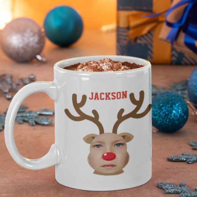 Photo Reindeer Face Personalized Mug (Cute Photo Face Christmas Reindeer - Rudolf )